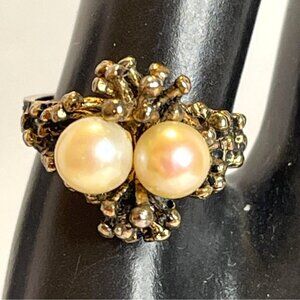 Sterling Silver Gold Plate Joseph Esposito Birds Nest Ring Duo Pearl Sz 6.5 VTG